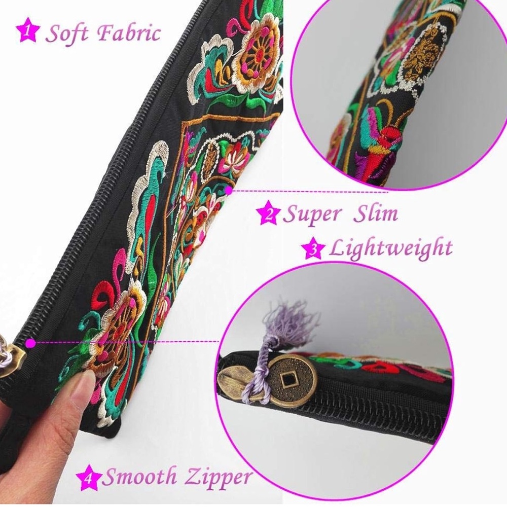 NEW| Boho Embroidered Flower Wristlet Clutch Handbag - Picture 11 of 11